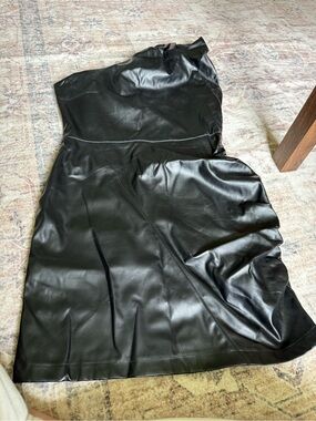 Black Faux Leather Strapless Midi Dress